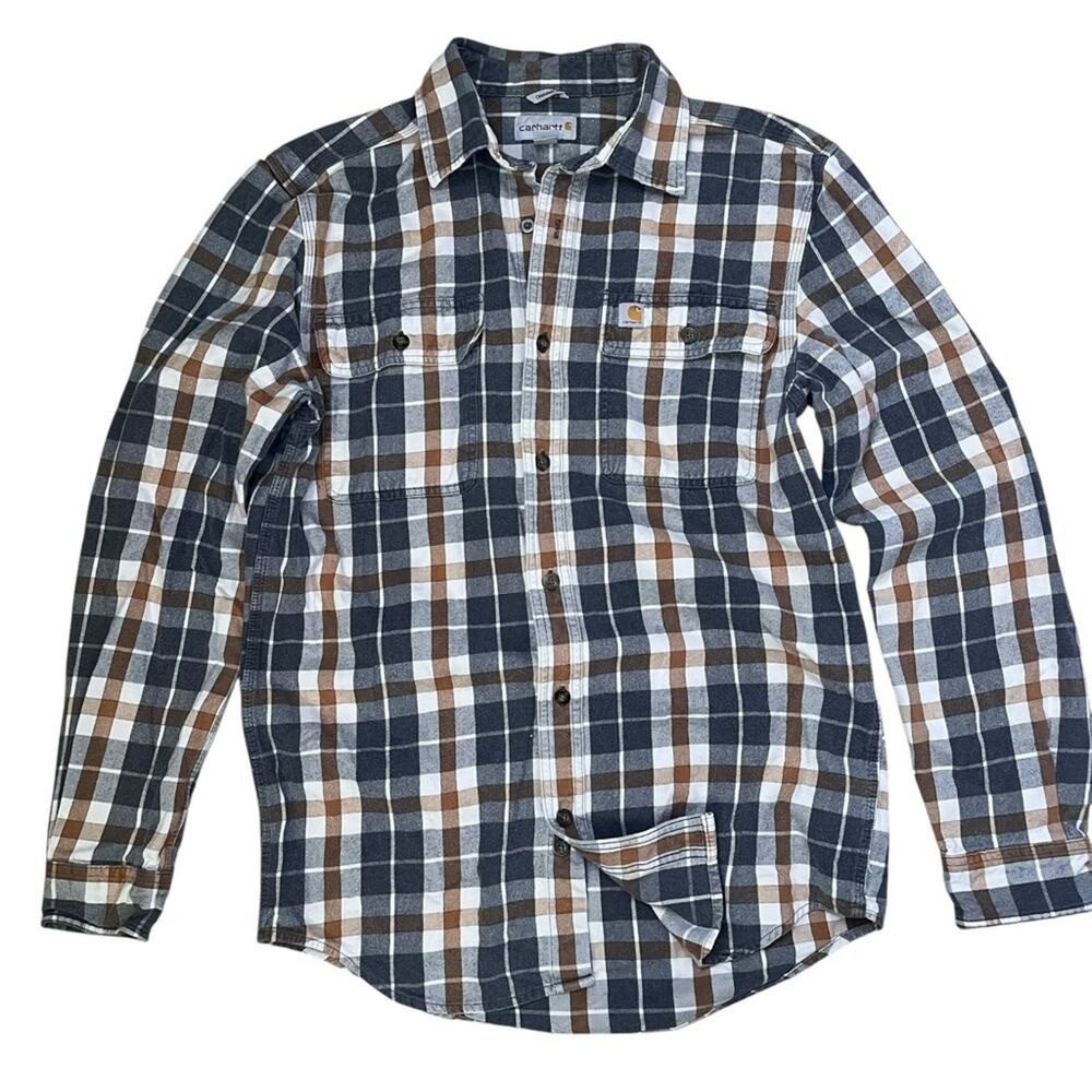 Carhartt Flannel Shirt Men’s Small Blue Brown White Plaid Heavyweight Workwear